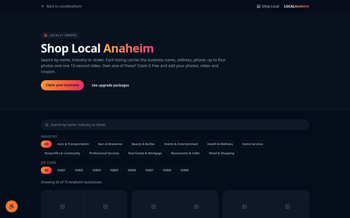 Business directory page on LocalAnaheim.com