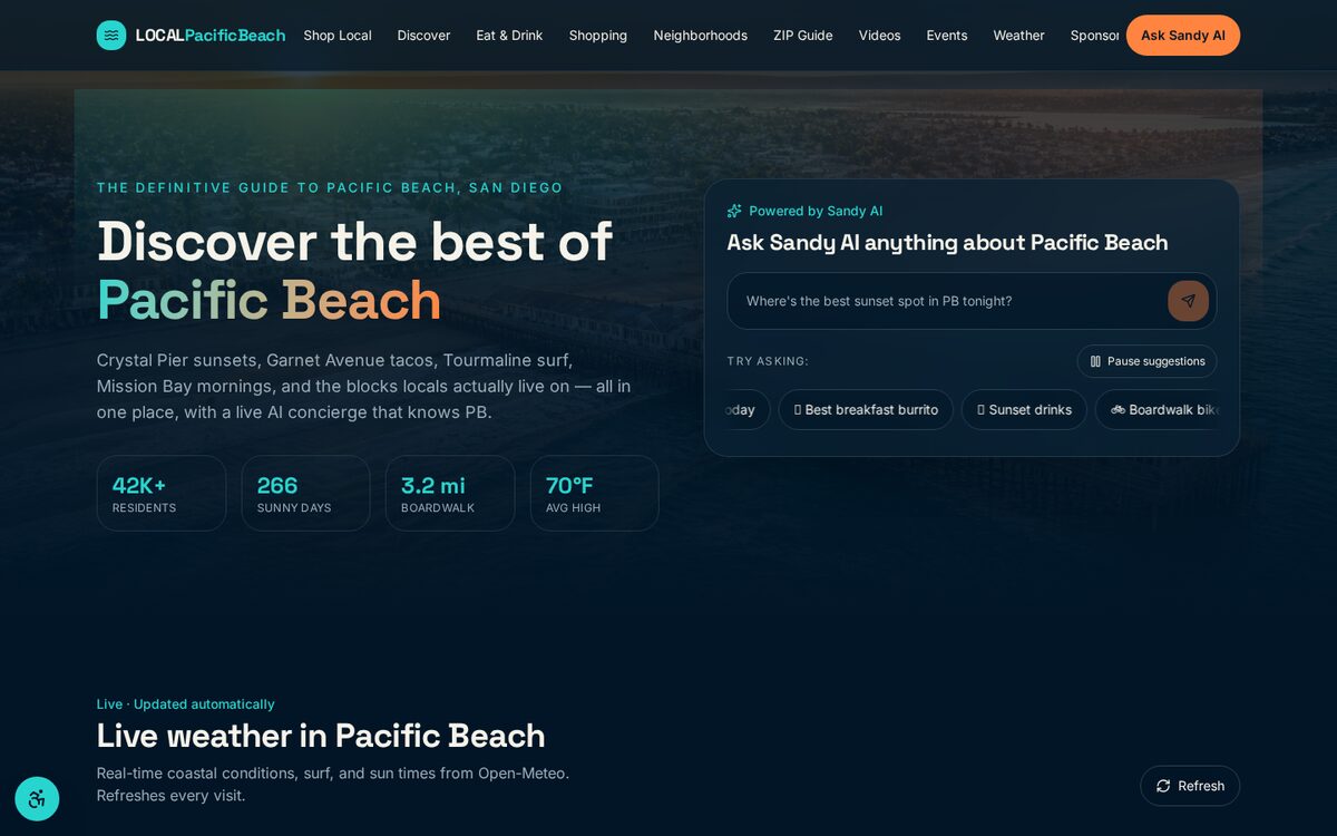 Homepage of LocalPacificBeach.com, the local city guide for Pacific Beach