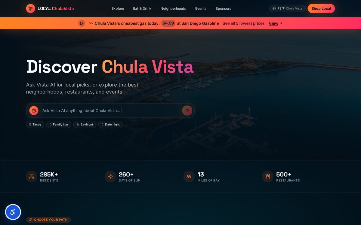 Homepage of LocalChulaVista.com, the local city guide for Chula Vista