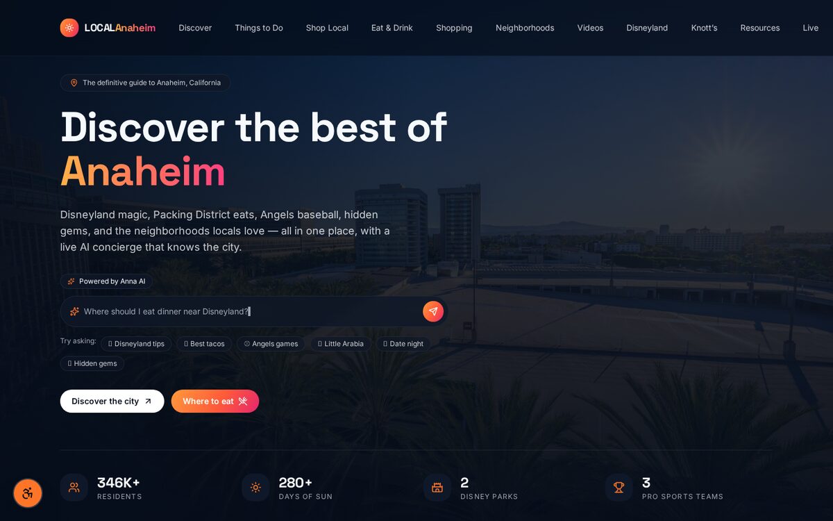Homepage of LocalAnaheim.com, the local city guide for Anaheim