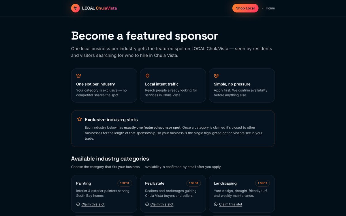 Sponsor placements page on LocalChulaVista.com