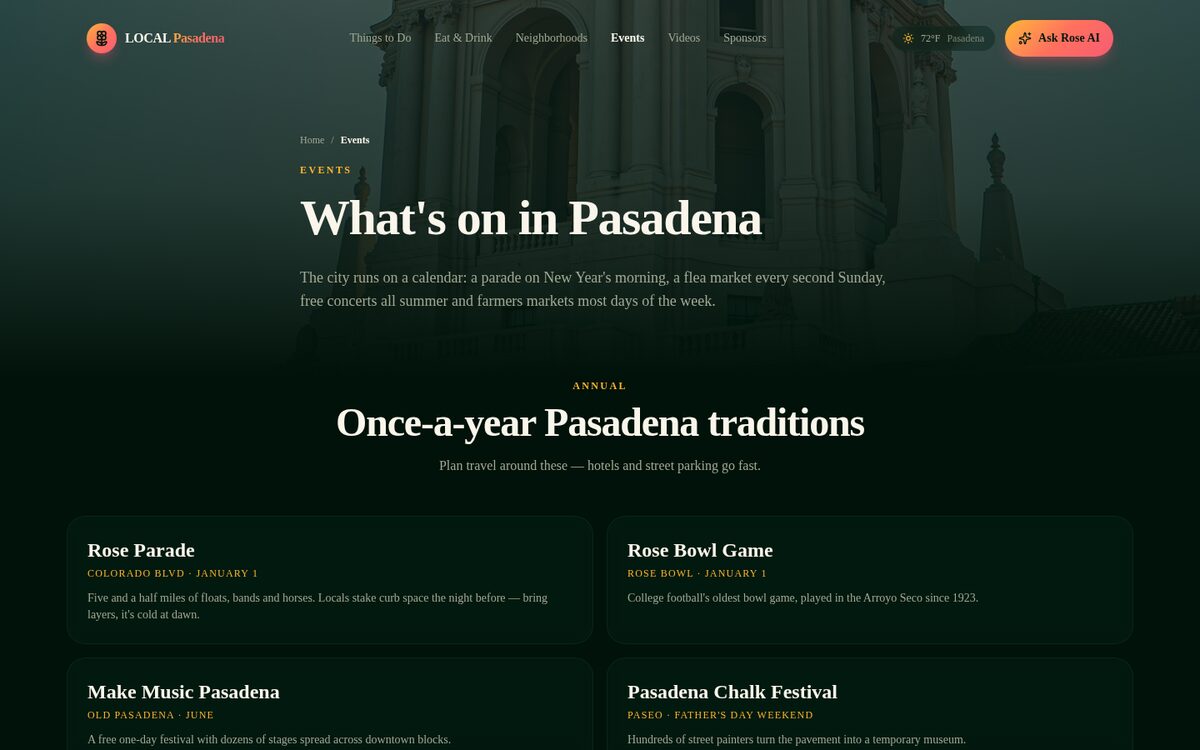 Events calendar page on LocalPasadena.com